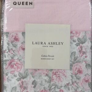 Laura Ashley ~ Pink Floral & Pinstripe Queen Sheet Set 100% Cotton ~ 4 Piece Set